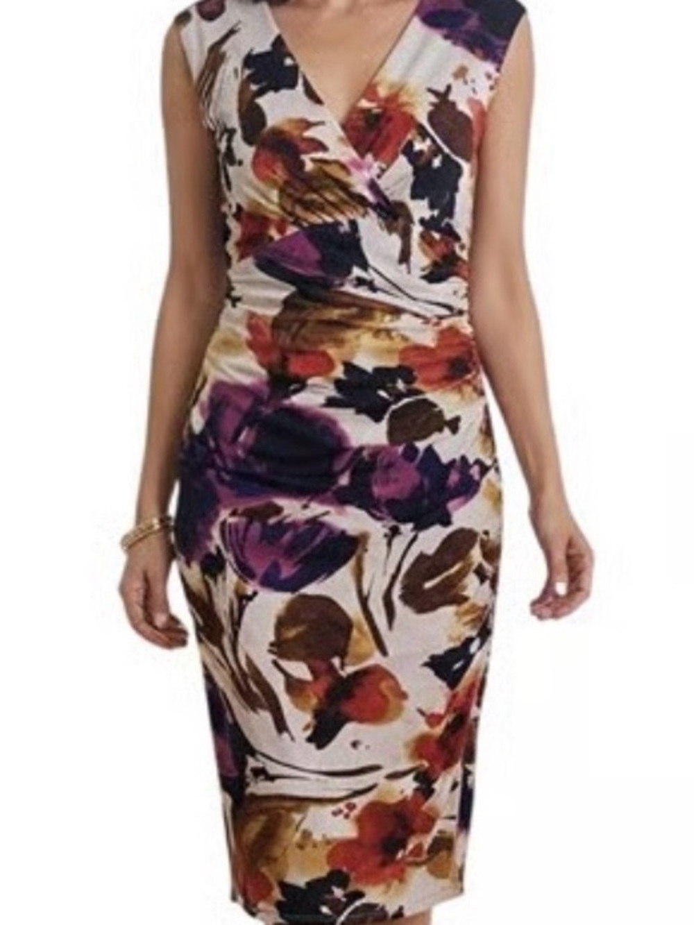 Lauren Ralph Lauren Cream Sheath Dress with Purple, Red and Gold Floral Print